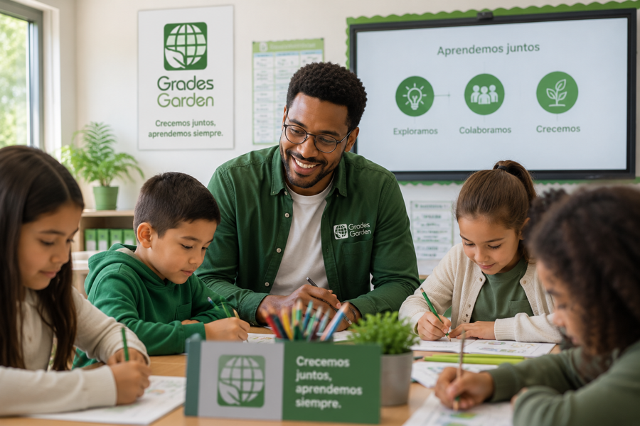 Maestro de Grades Garden trabajando con estudiantes en el salón