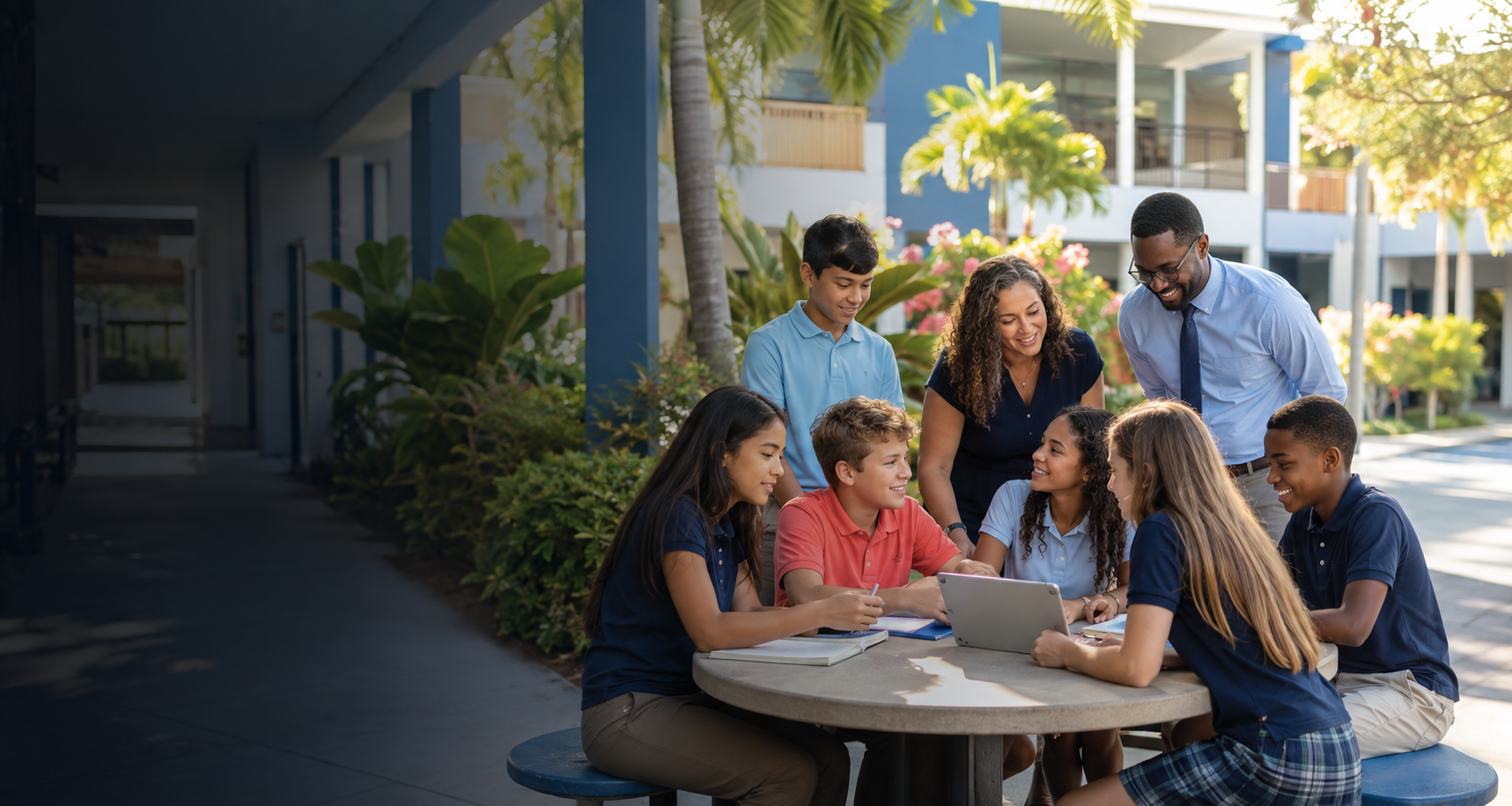 Estudiantes y maestros colaborando en el patio escolar